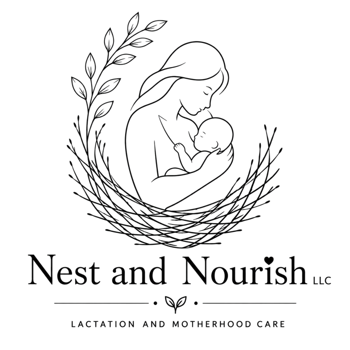 Nest and Nourish logo: a mother nursing her baby inside a woven nest